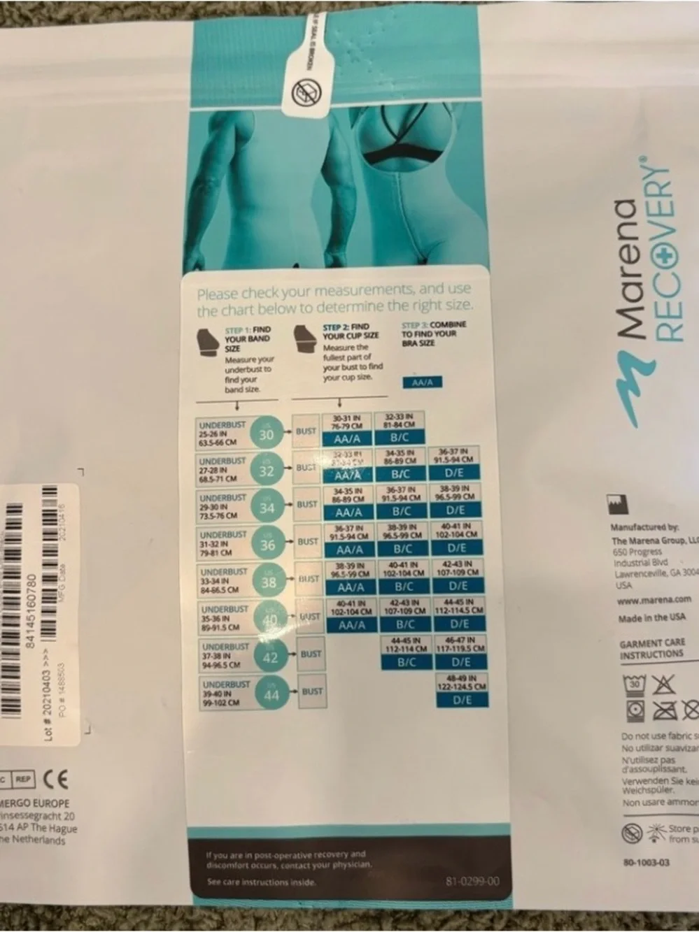 NWT Marena Recovery FlexFit Original Bra - Style B01G - Step 2-BLACK-Size 38 D/E